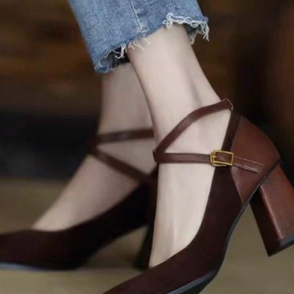 Brown Mary Jane Block Heel Pumps